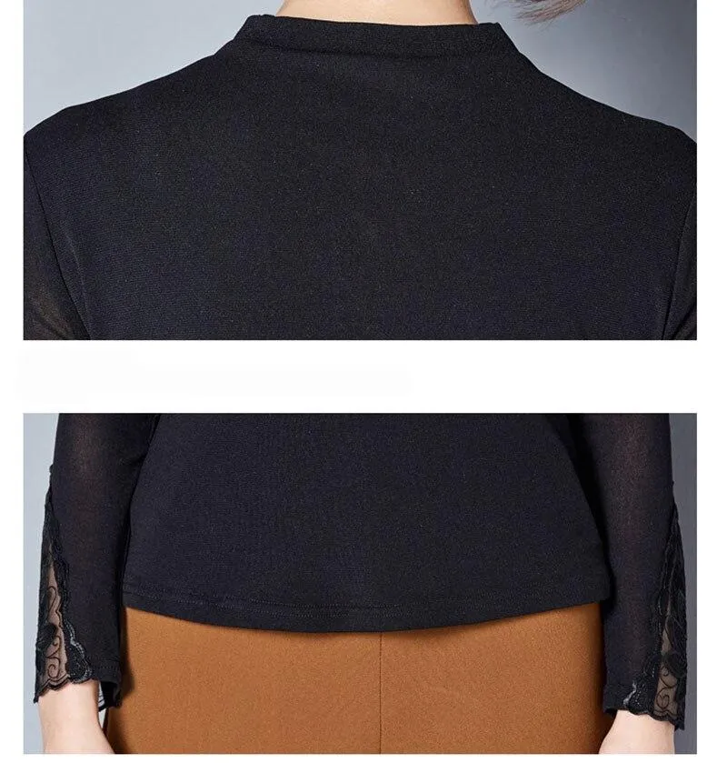 Women Embroidered Mesh Lace Turtleneck Collar Blouse