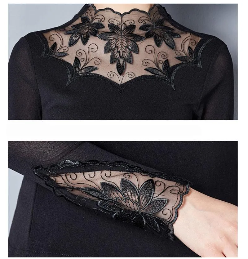 Women Embroidered Mesh Lace Turtleneck Collar Blouse
