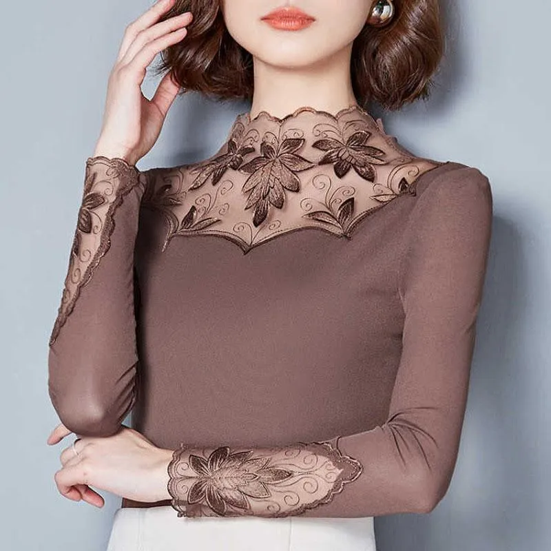 Women Embroidered Mesh Lace Turtleneck Collar Blouse