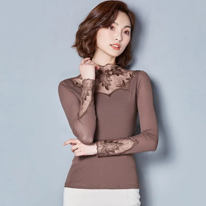 Women Embroidered Mesh Lace Turtleneck Collar Blouse