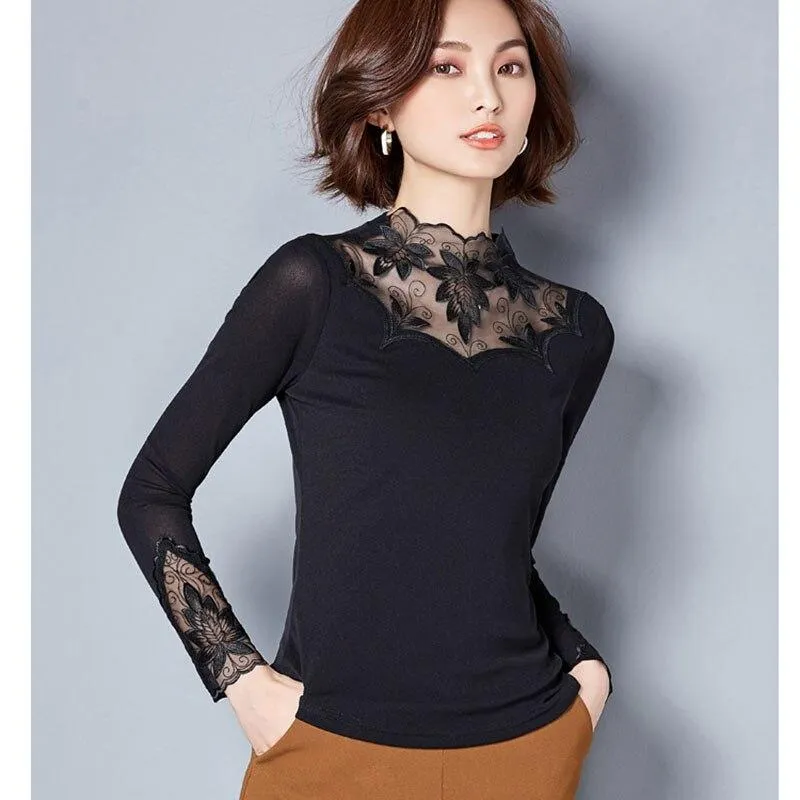 Women Embroidered Mesh Lace Turtleneck Collar Blouse