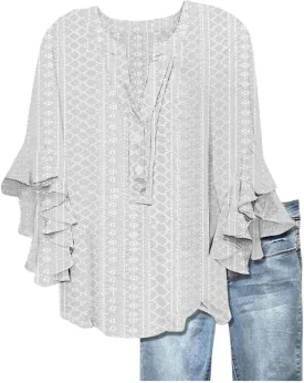 Women's Eyelet Poncho Tops Half Sleeve Tops Trendy Casual Lightweight Flowy Shirt Ruffles Hem Dressy Elegant Blouse