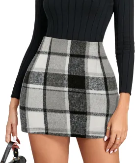 Womens Plaid Skirts High Waist Pencil Skirt Bodycon Mini Skirt Fall Winter Outfits for Women
