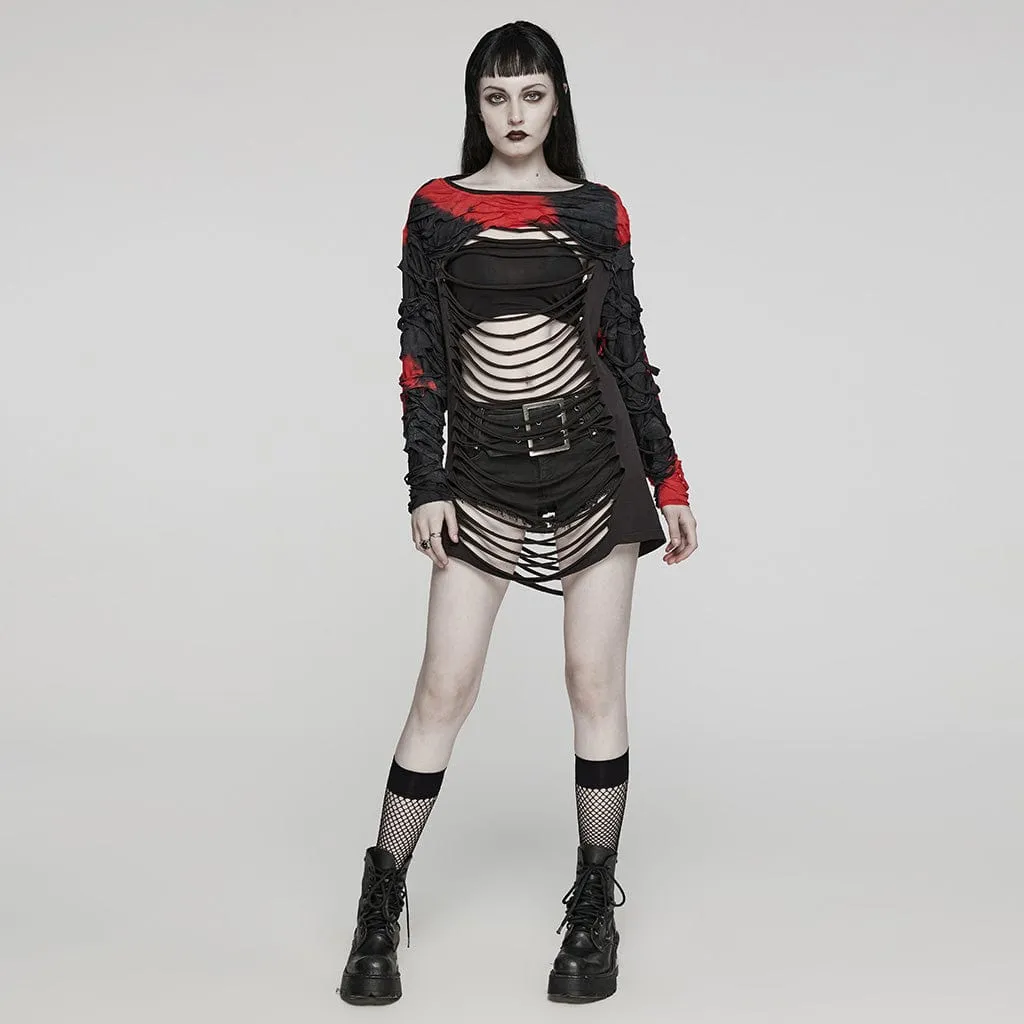 Women's Punk Spaghetti Strap Cutout Ripped Long Sleeved Shirt