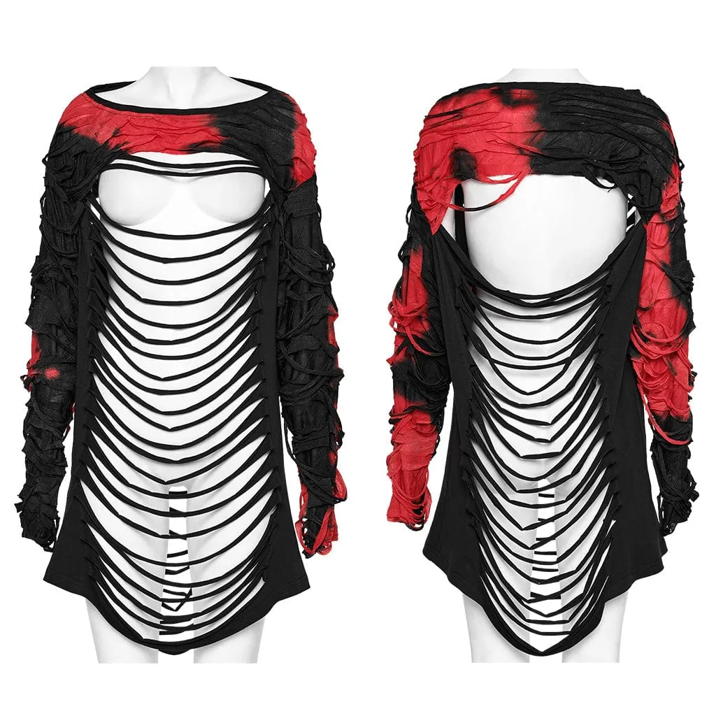 Women's Punk Spaghetti Strap Cutout Ripped Long Sleeved Shirt