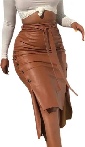 Women's Sexy Faux Leather Midi Skirt High Waist Button Trim Slim Slit Bodycon Pencil Skirt with Belt