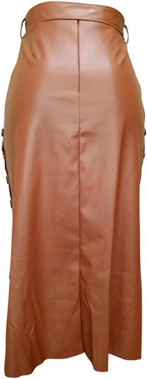 Women's Sexy Faux Leather Midi Skirt High Waist Button Trim Slim Slit Bodycon Pencil Skirt with Belt