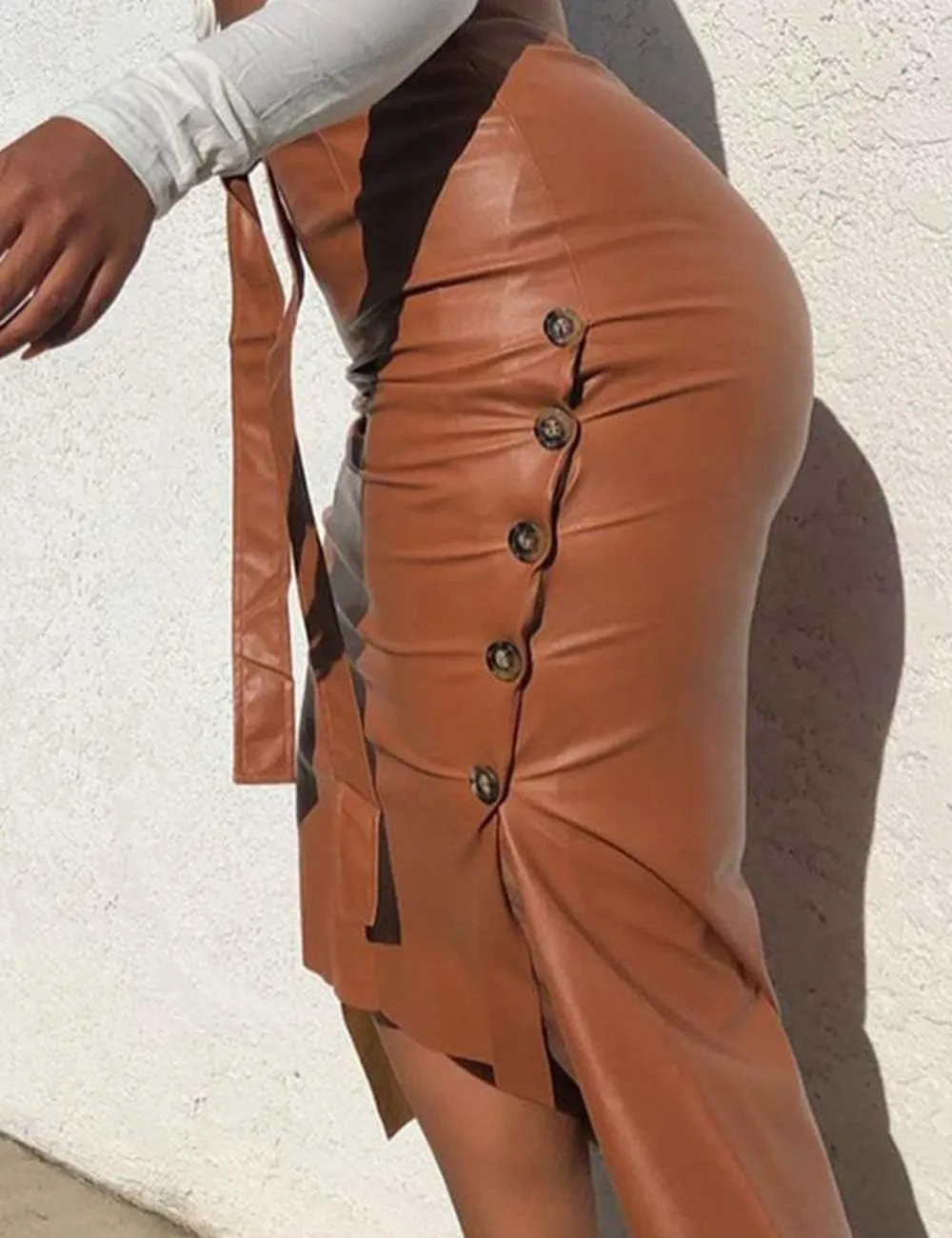 Women's Sexy Faux Leather Midi Skirt High Waist Button Trim Slim Slit Bodycon Pencil Skirt with Belt