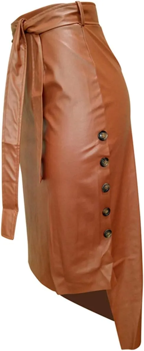 Women's Sexy Faux Leather Midi Skirt High Waist Button Trim Slim Slit Bodycon Pencil Skirt with Belt