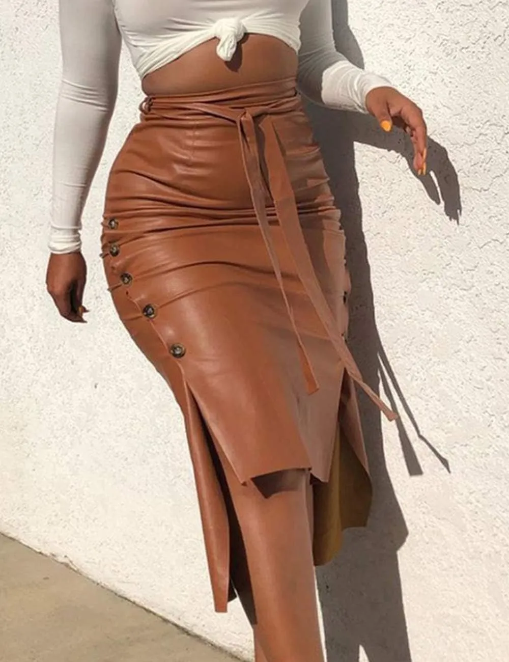 Women's Sexy Faux Leather Midi Skirt High Waist Button Trim Slim Slit Bodycon Pencil Skirt with Belt