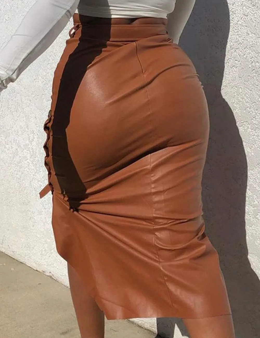 Women's Sexy Faux Leather Midi Skirt High Waist Button Trim Slim Slit Bodycon Pencil Skirt with Belt