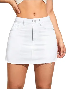Women's Single Button Front Raw Hem Denim Skirt Mini Jean Skirts with Pockets