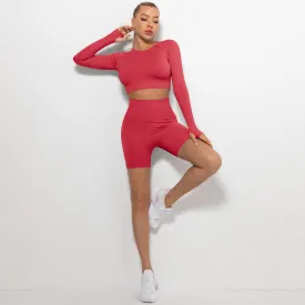 Women's Tight Round Neck Long Sleeved Top and Shorts Sports Active Wear Set
