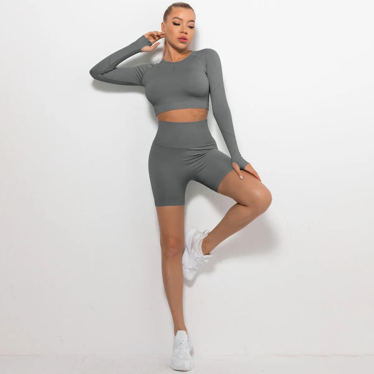 Women's Tight Round Neck Long Sleeved Top and Shorts Sports Active Wear Set