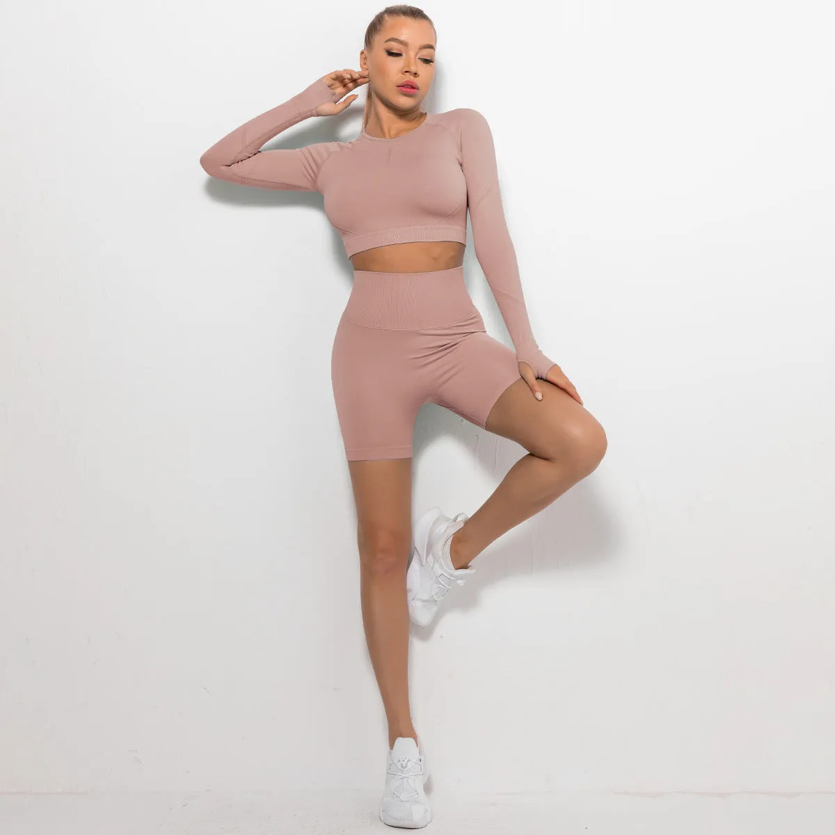 Women's Tight Round Neck Long Sleeved Top and Shorts Sports Active Wear Set
