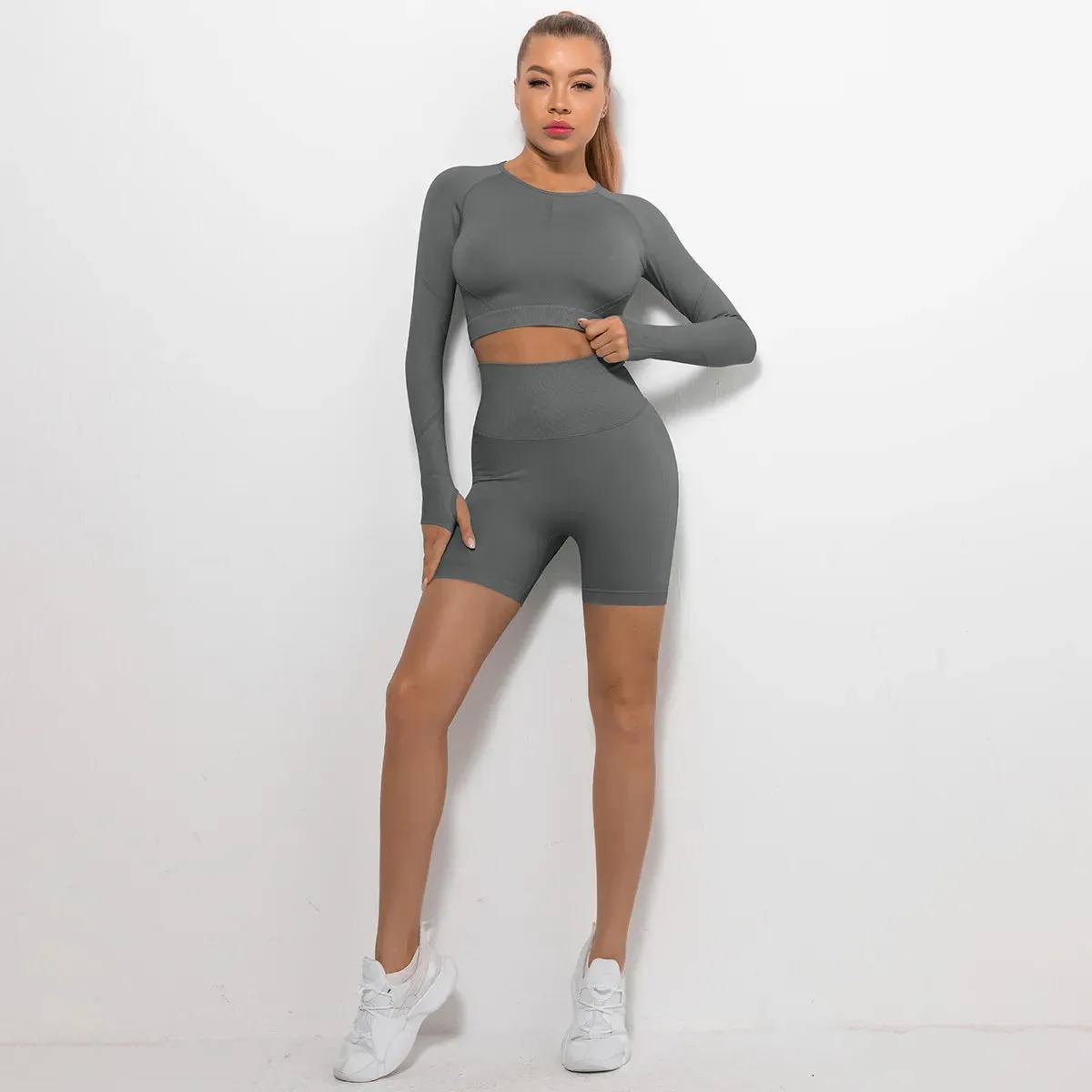 Women's Tight Round Neck Long Sleeved Top and Shorts Sports Active Wear Set