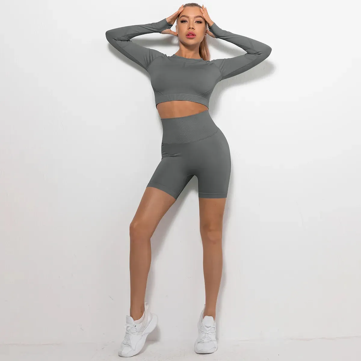 Women's Tight Round Neck Long Sleeved Top and Shorts Sports Active Wear Set