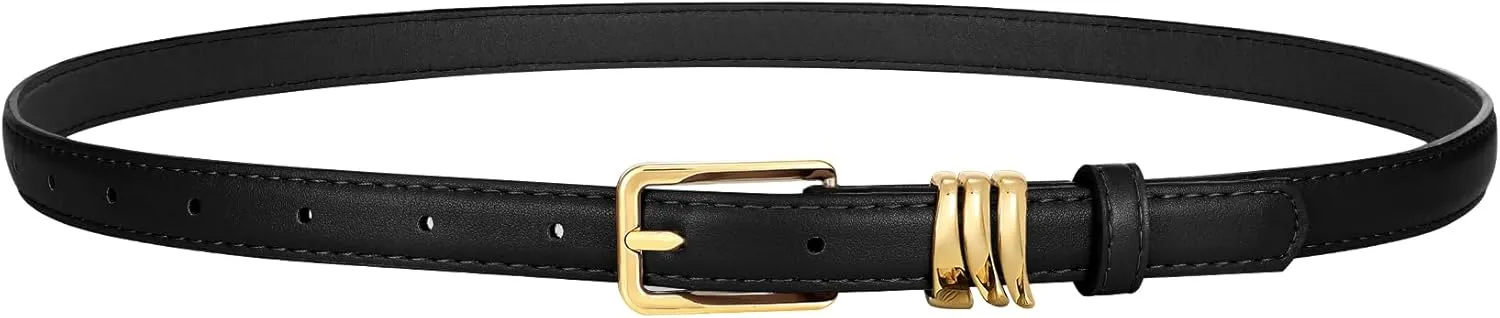 XZQTIVE Women Skinny Leather Belt Ladies Black Thin Waist Belt for Dresses Jeans Pants with Gold Buckle and Metal Loops