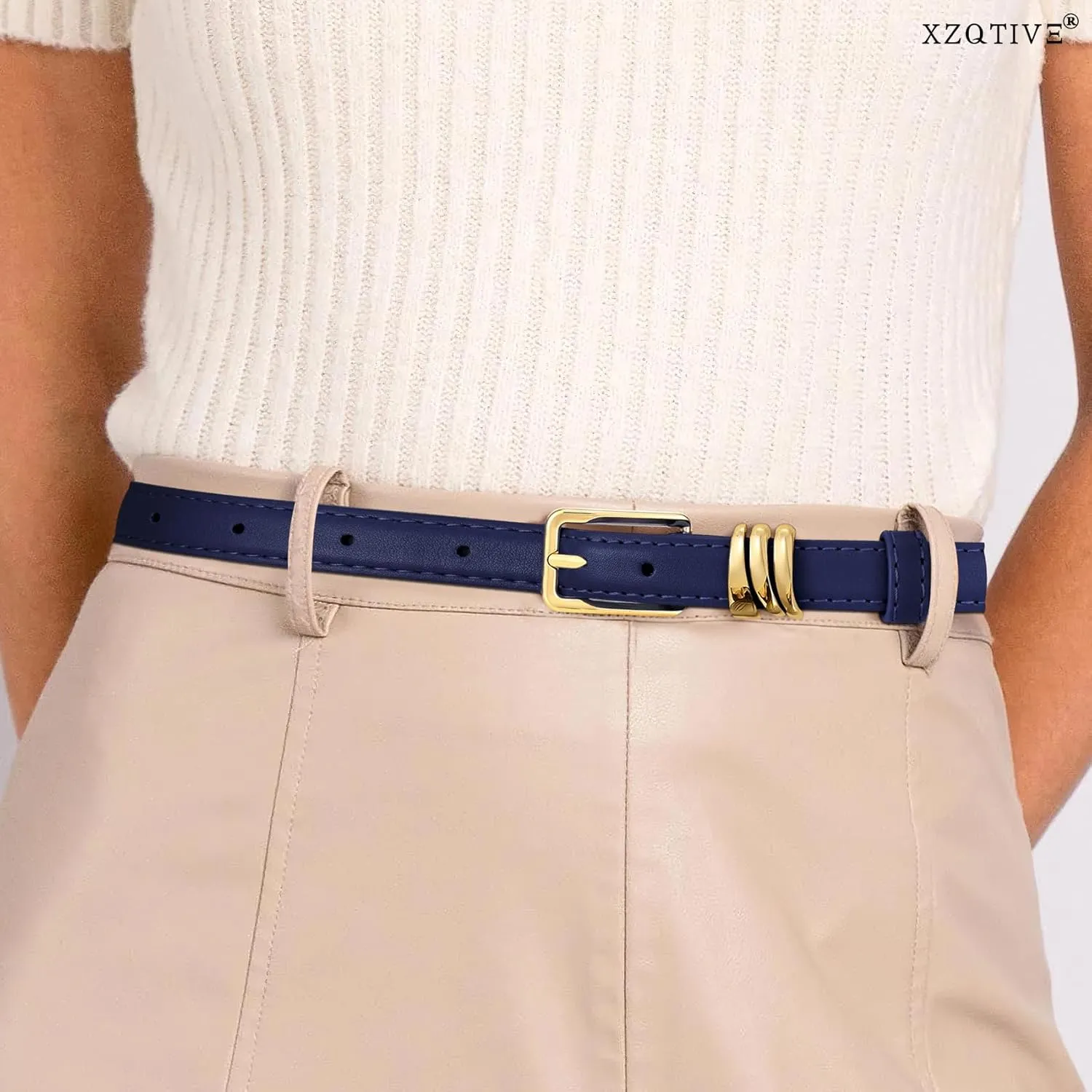 XZQTIVE Women Skinny Leather Belt Ladies Black Thin Waist Belt for Dresses Jeans Pants with Gold Buckle and Metal Loops