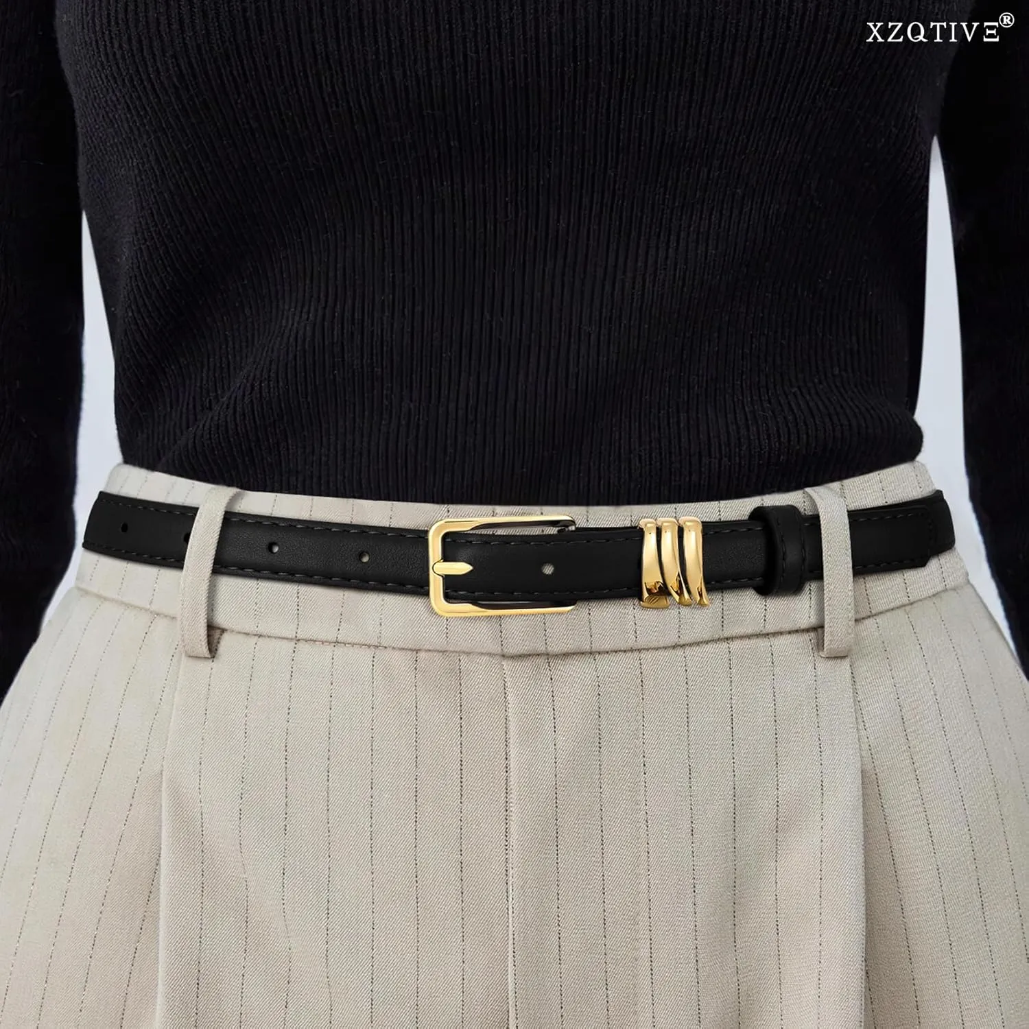 XZQTIVE Women Skinny Leather Belt Ladies Black Thin Waist Belt for Dresses Jeans Pants with Gold Buckle and Metal Loops