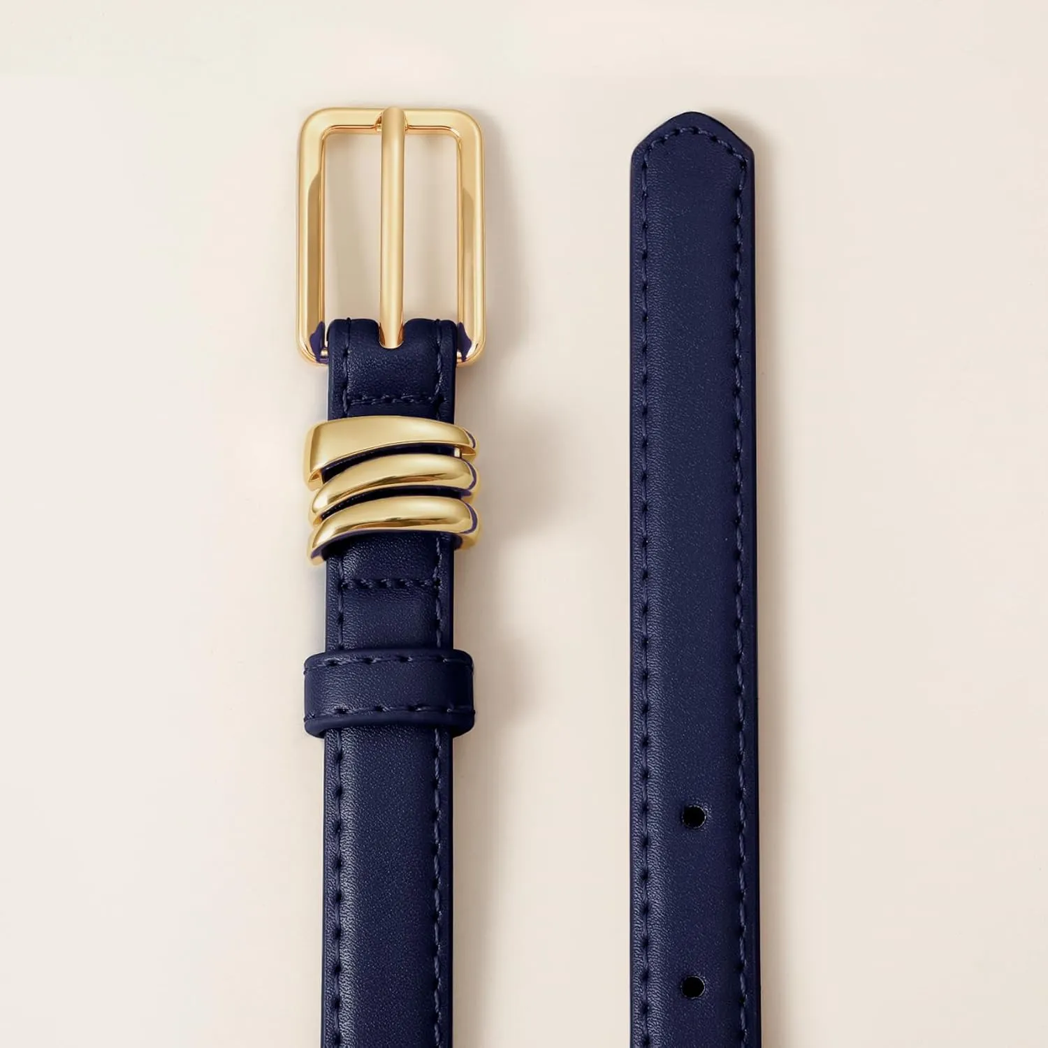 XZQTIVE Women Skinny Leather Belt Ladies Black Thin Waist Belt for Dresses Jeans Pants with Gold Buckle and Metal Loops