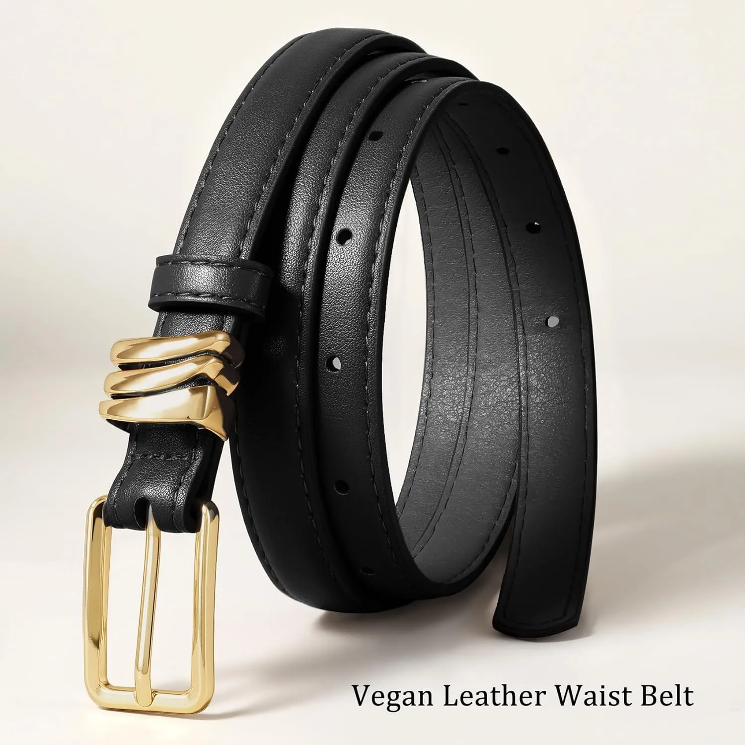 XZQTIVE Women Skinny Leather Belt Ladies Black Thin Waist Belt for Dresses Jeans Pants with Gold Buckle and Metal Loops