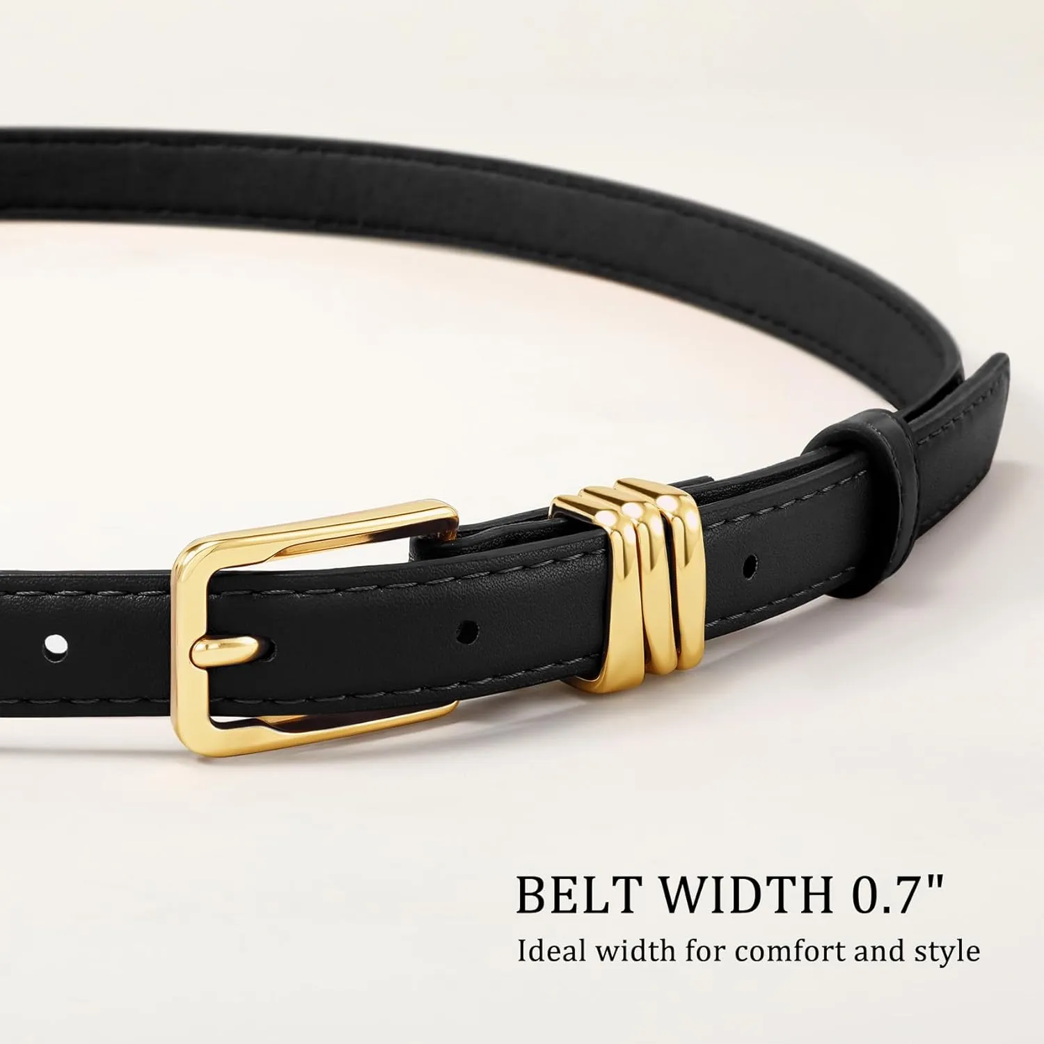 XZQTIVE Women Skinny Leather Belt Ladies Black Thin Waist Belt for Dresses Jeans Pants with Gold Buckle and Metal Loops