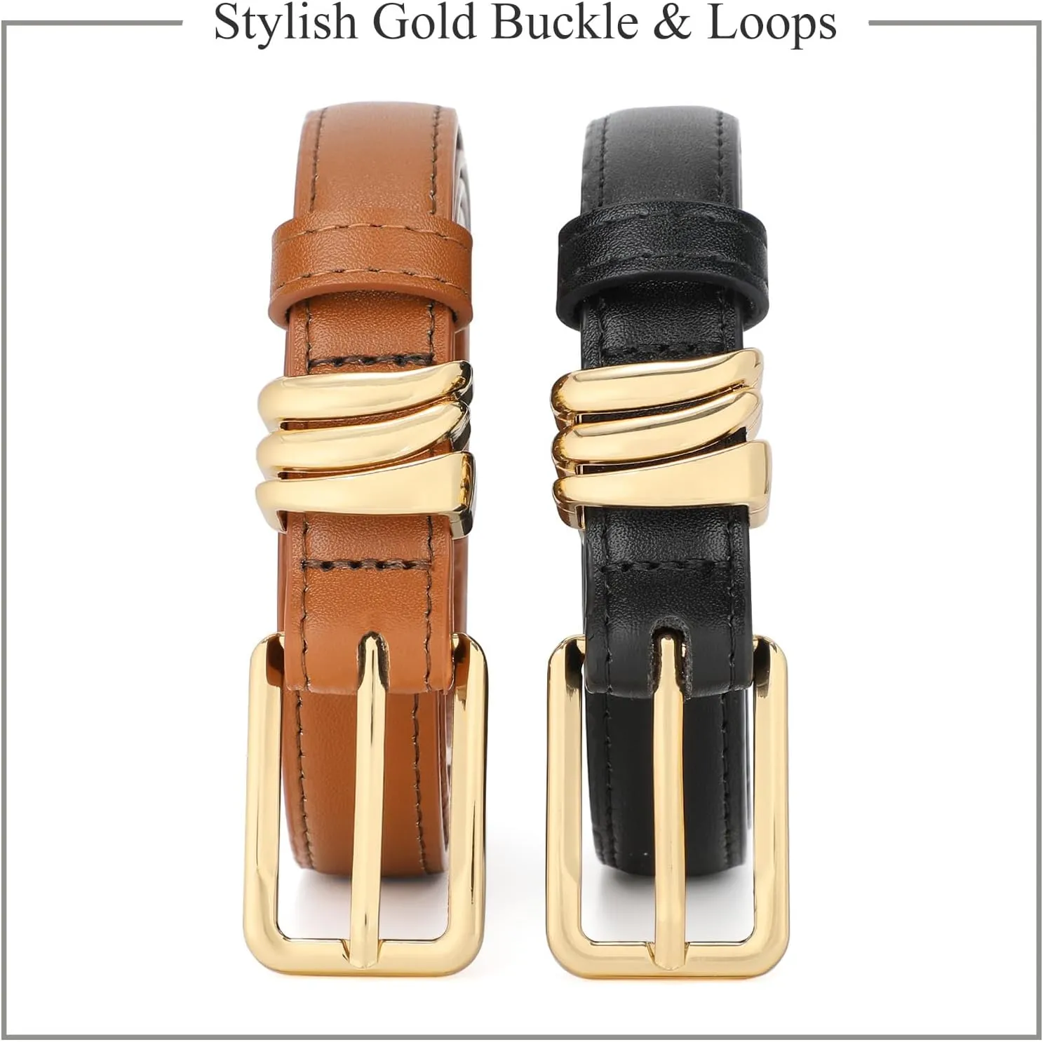 XZQTIVE Women Skinny Leather Belt Ladies Black Thin Waist Belt for Dresses Jeans Pants with Gold Buckle and Metal Loops
