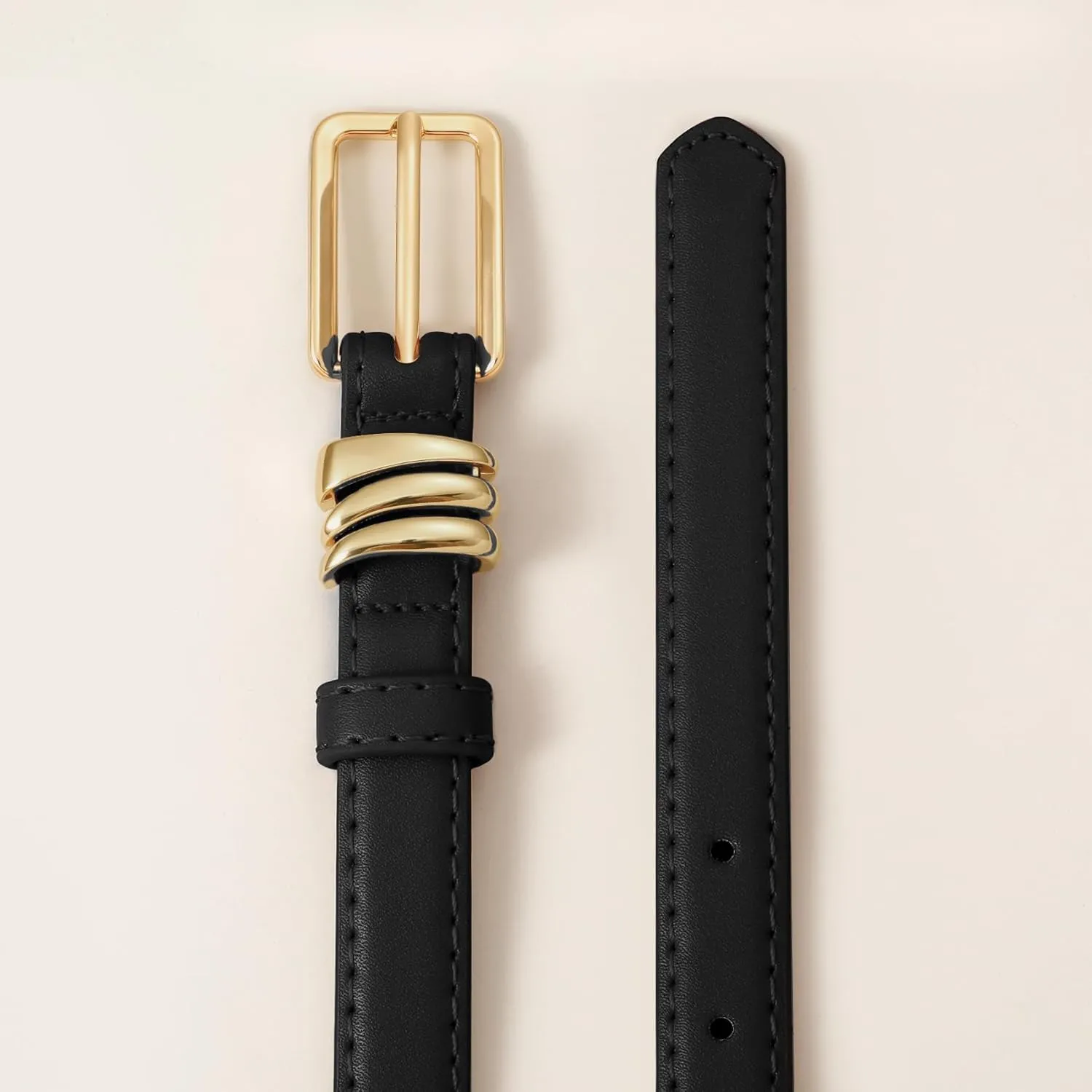 XZQTIVE Women Skinny Leather Belt Ladies Black Thin Waist Belt for Dresses Jeans Pants with Gold Buckle and Metal Loops