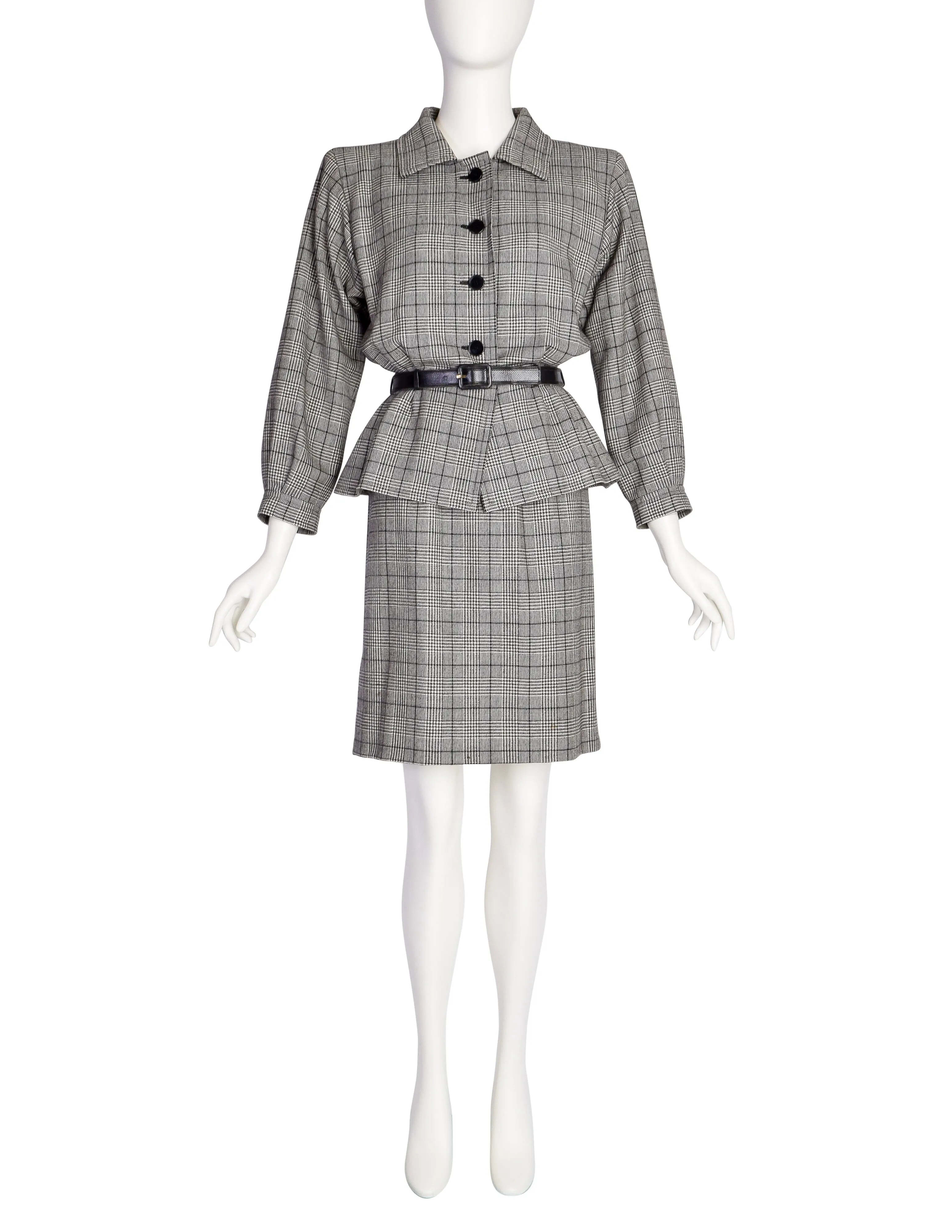 Yves Saint Laurent Vintage 1980s Haute Couture Numbered Black White Check Plaid Jacket Skirt Suit